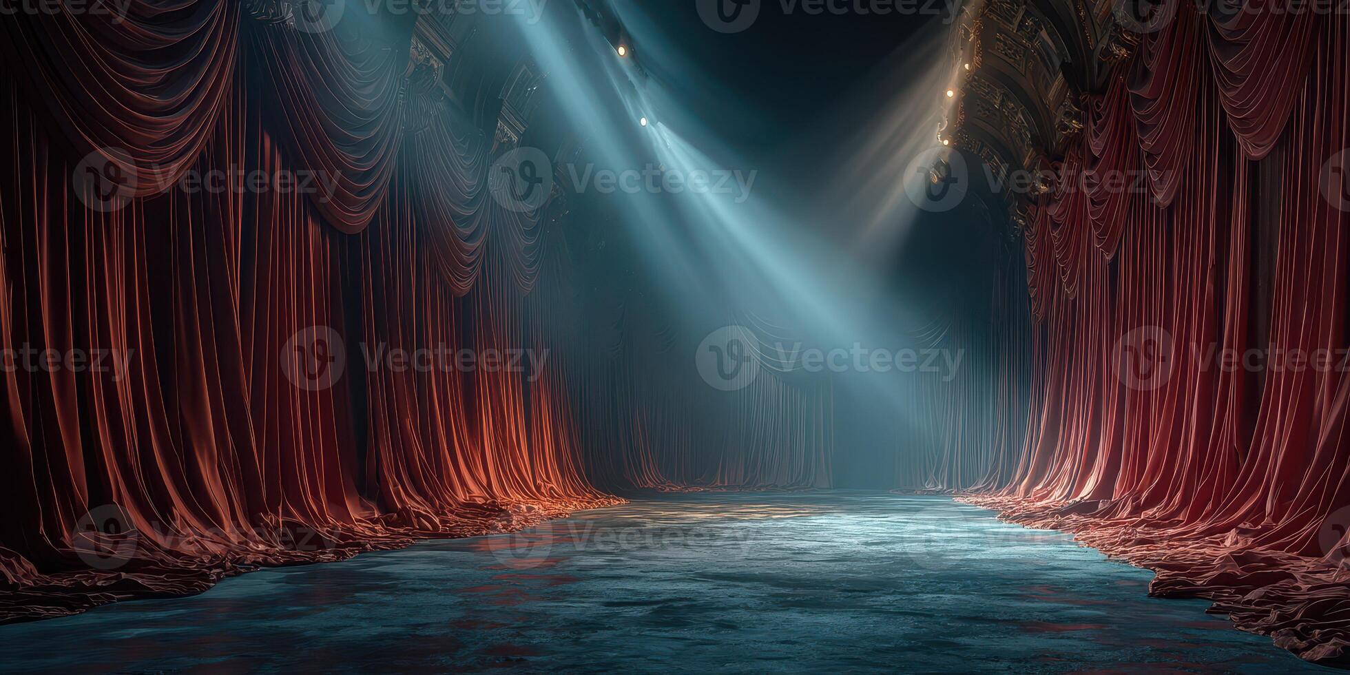 Dramatic theater stage with red curtains and soft lighting creates a captivating atmosphere for performances photo