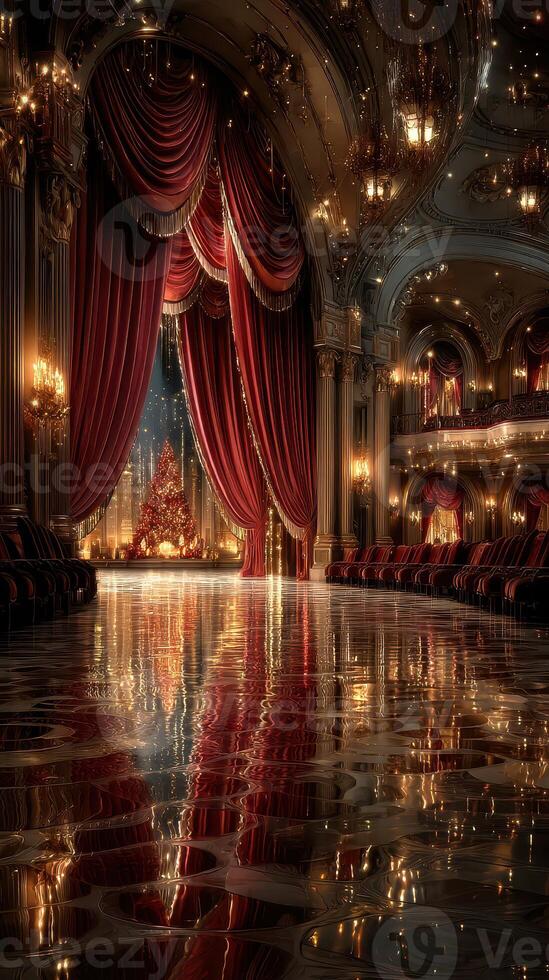 Spectacular holiday gala in an opulent ballroom adorned with red curtains and festive decorations during a winter evening photo