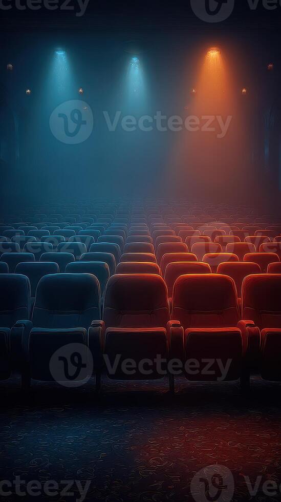 Empty theater with contrasting colored lights creates a dramatic atmosphere for an upcoming performance photo