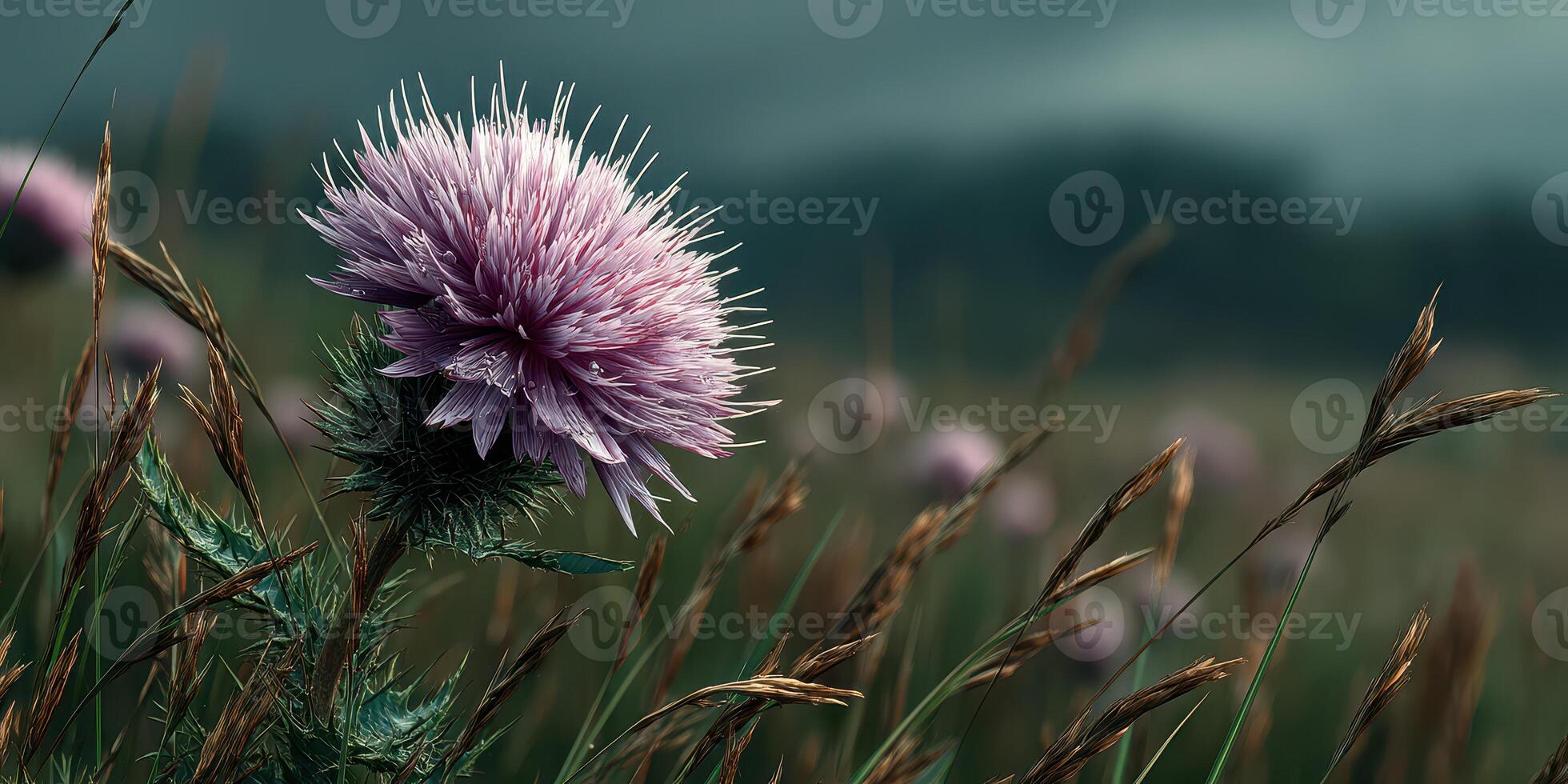 Purple thistle bloom stands out among green blades in a lush field during a cloudy day photo