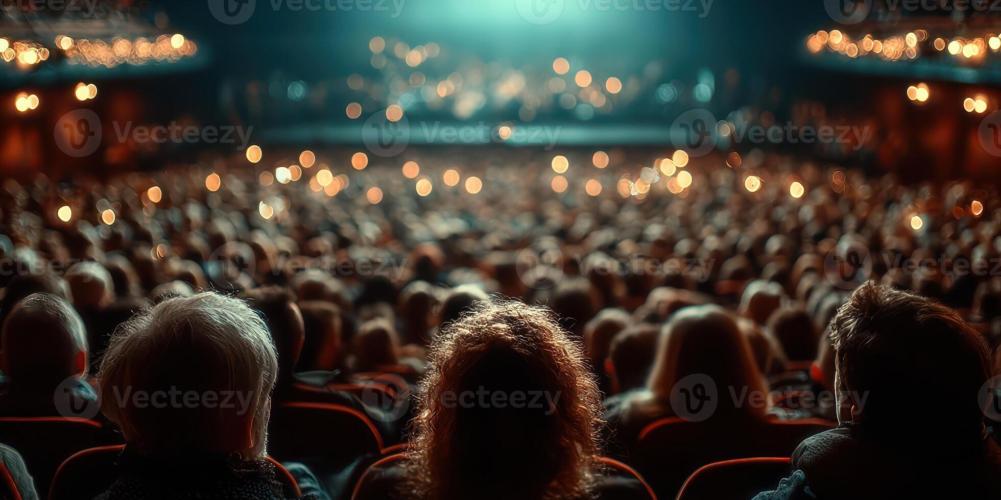 Crowd enjoying a live performance in a grand theater with dim lighting and a vibrant atmosphere photo