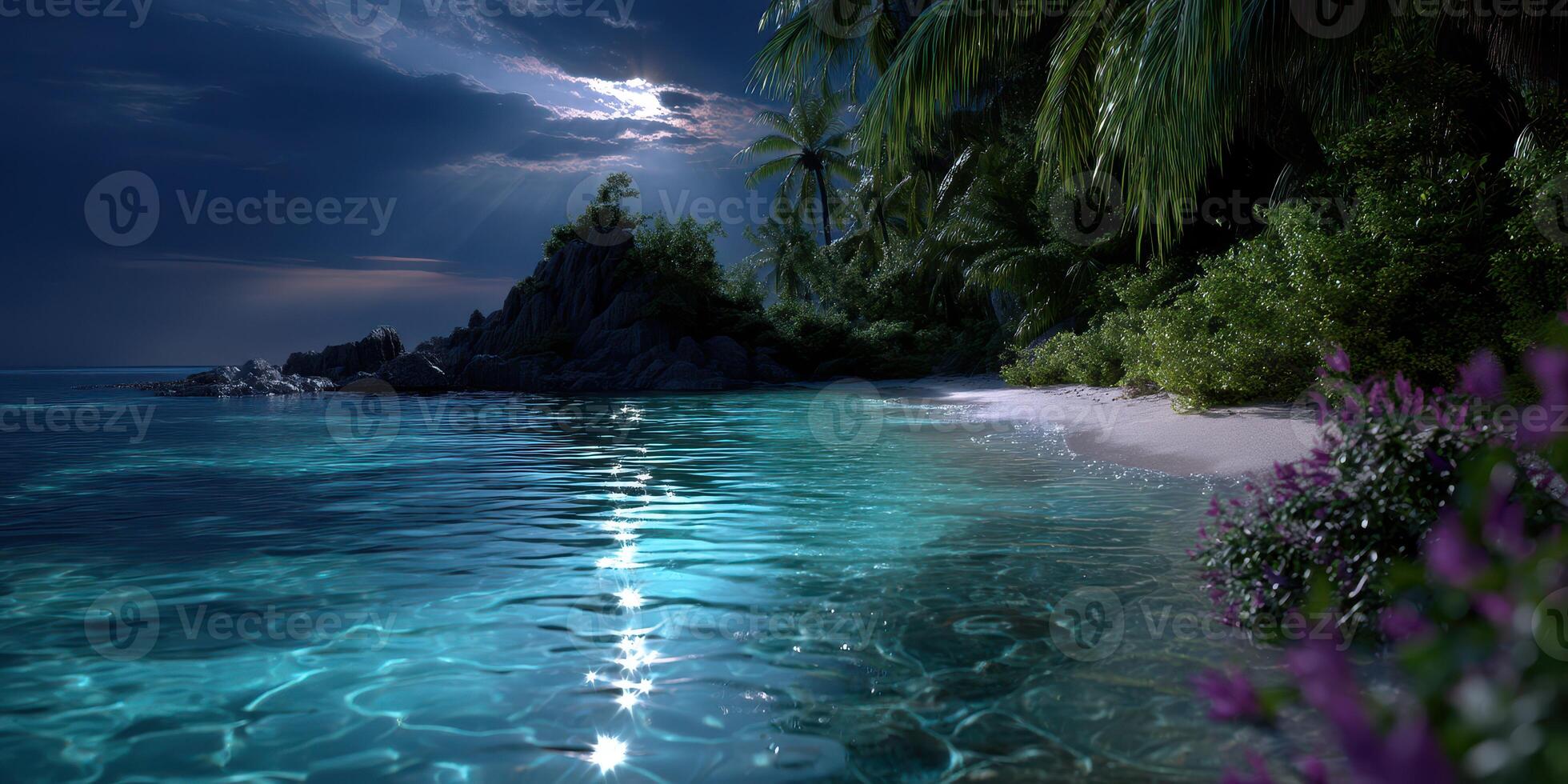Tropical beach at night with glowing water and moonlight reflecting in serene atmosphere photo
