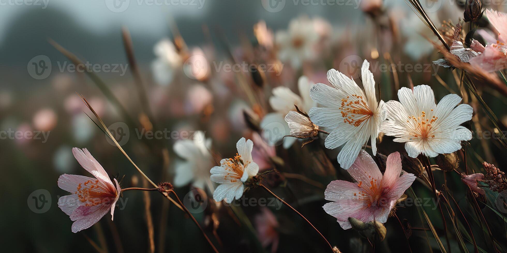 Blooming wildflowers in a serene meadow at dawn showcasing nature's beauty and tranquility in early spring photo