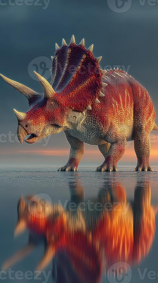Triceratops standing in shallow water during sunset, showcasing its colorful skin and majestic stance photo