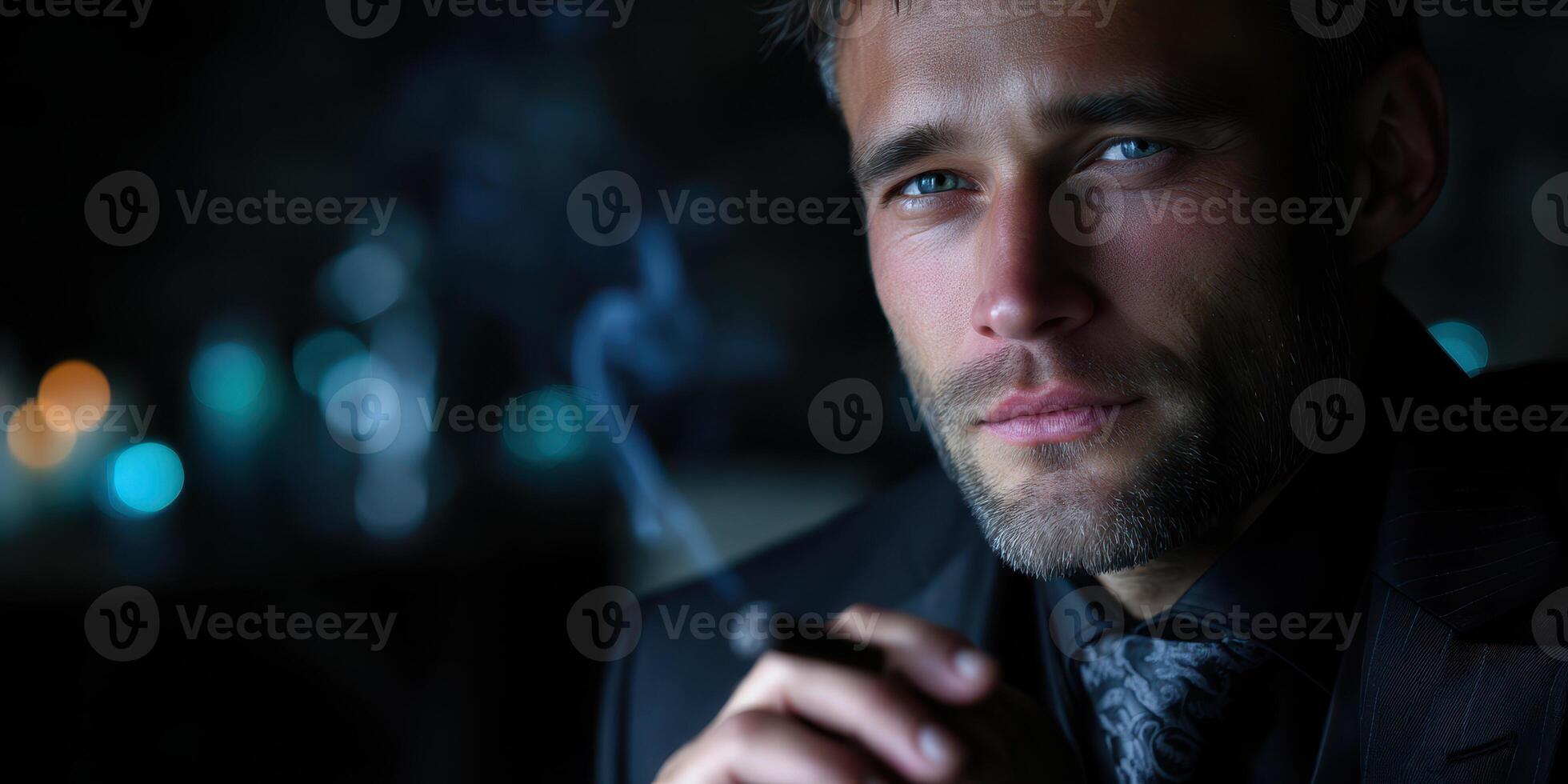 Man with piercing blue eyes smokes a cigar while dressed in a formal suit in a dimly lit venue during the evening hours photo