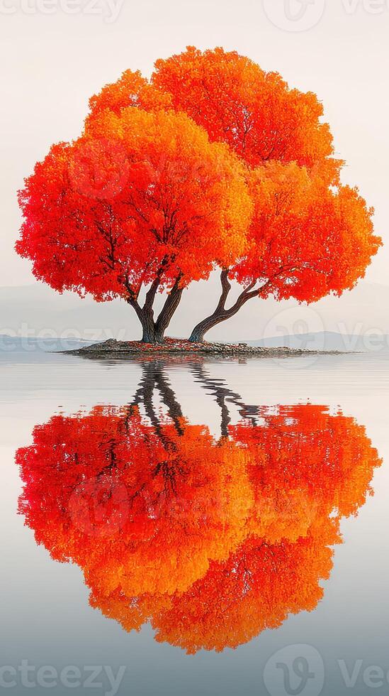 Bright orange tree reflects in calm water during autumn season at a serene lakeside location in the early morning photo