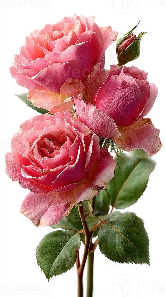 Pink roses in full bloom showcasing delicate petals and lush greenery under bright light photo