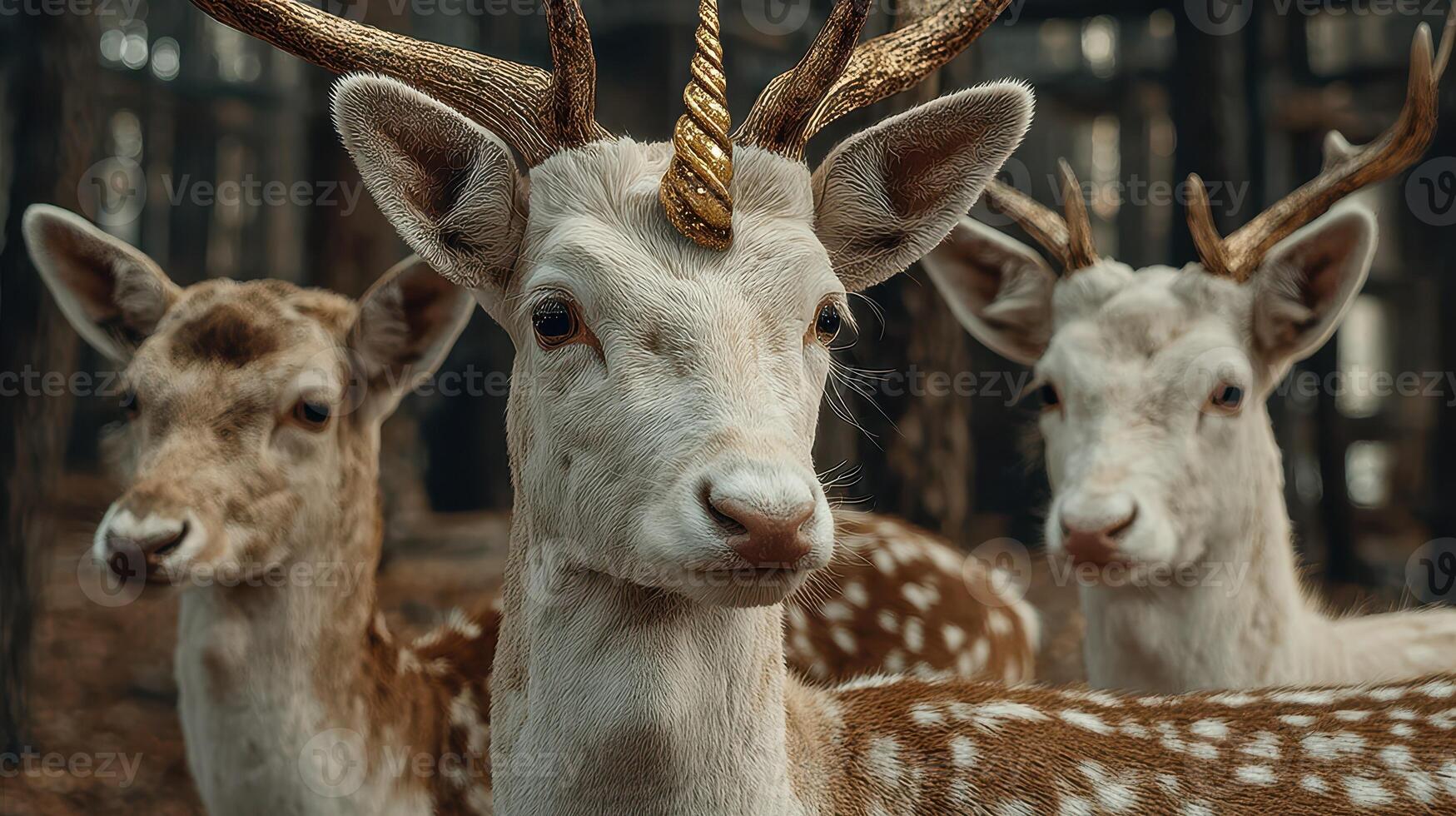 Majestic deer with unique golden horns in a serene forest environment during twilight hours photo