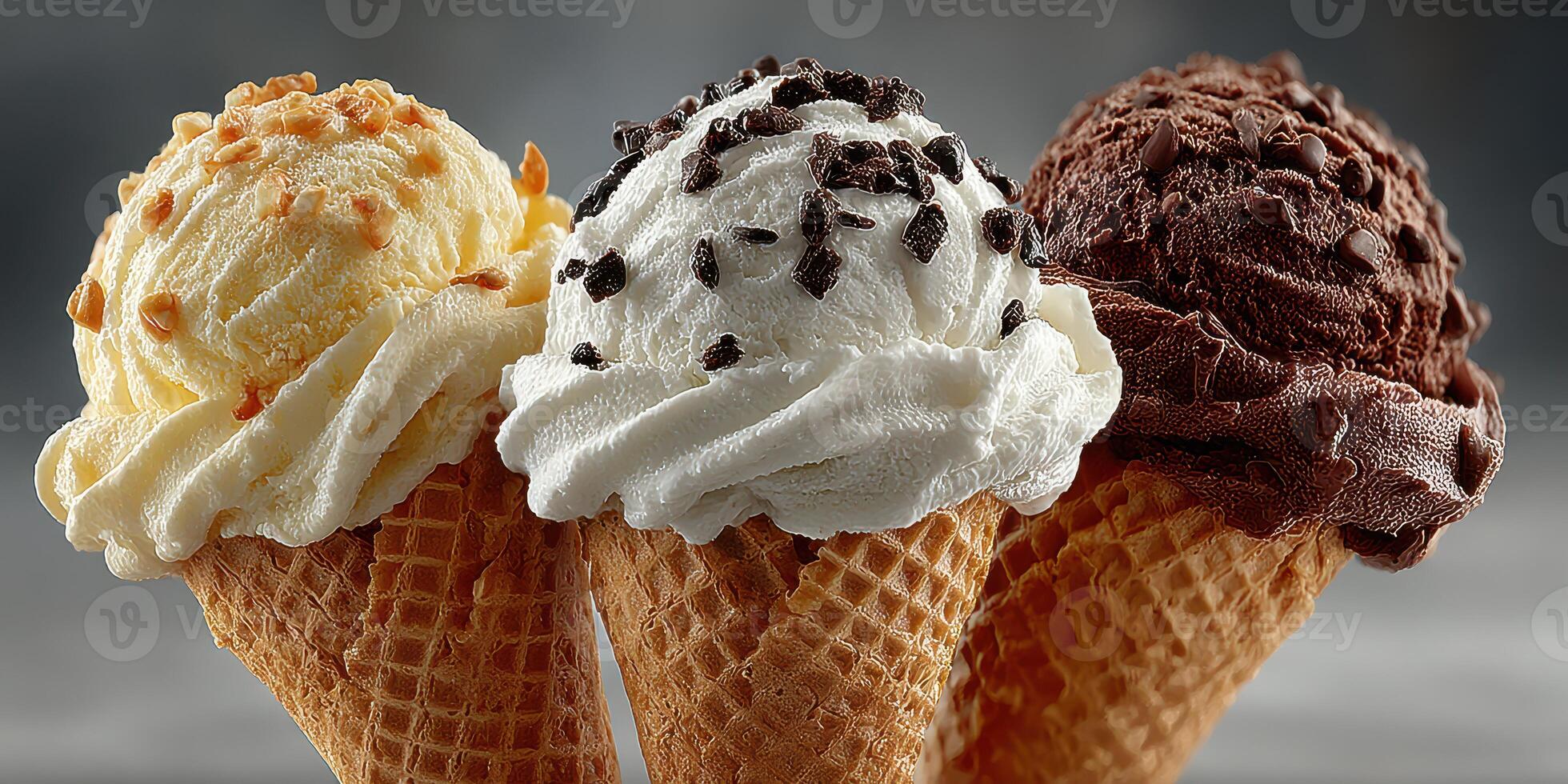 Delightful ice cream cones featuring three distinct flavors served in crisp cones at a sunny outdoor location photo