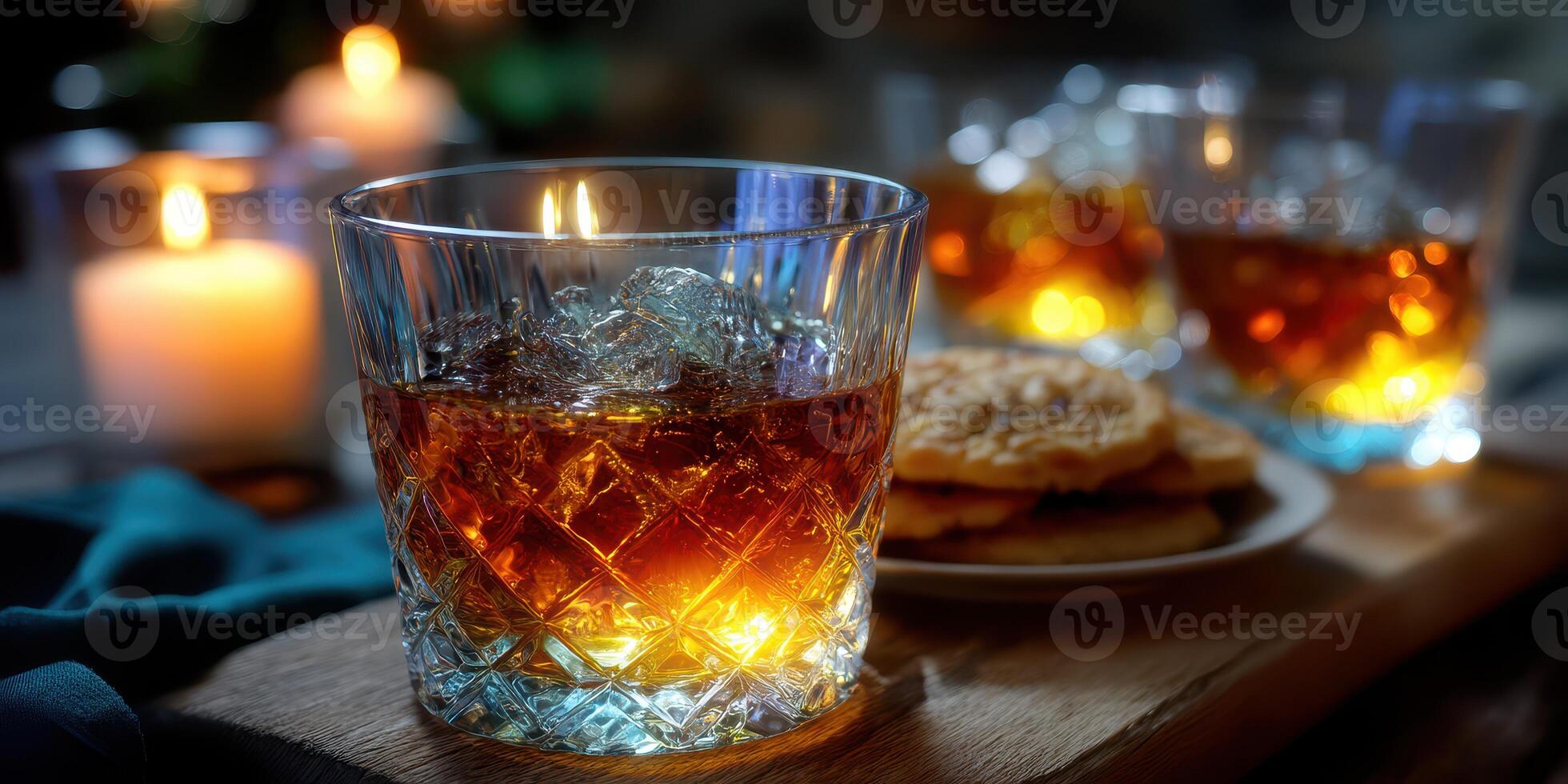 Evening relaxation with whiskey and cookies around flickering candlelight photo