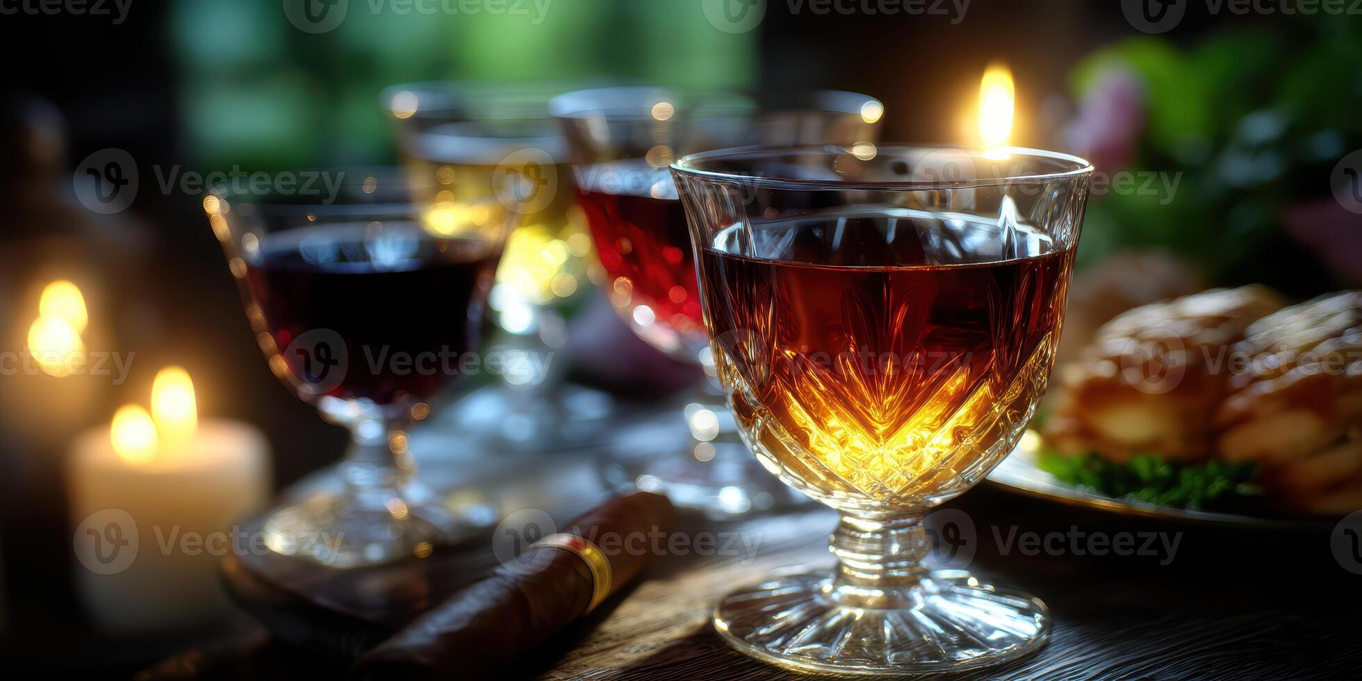 Elegant glasses of assorted beverages and a lit candle create a warm atmosphere at an evening gathering in a cozy setting photo