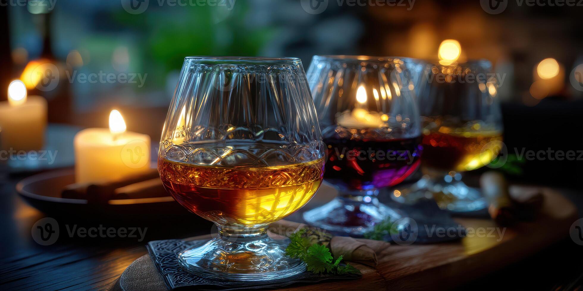 Three elegant glasses of spirits illuminated by candlelight at a cozy bar setting in the evening photo