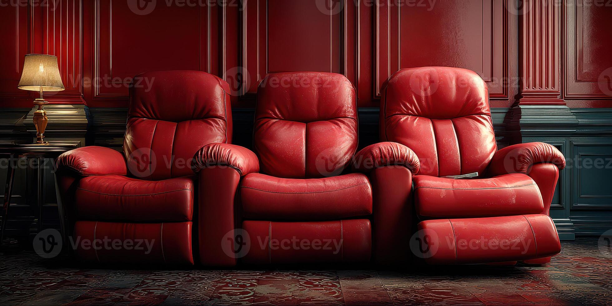 Cozy red leather recliners arranged in a stylish living room with elegant decor and warm lighting photo