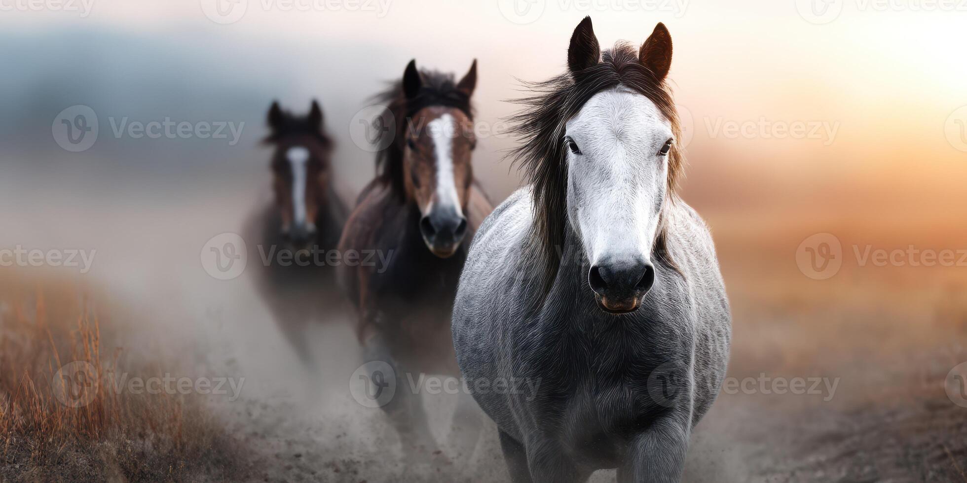 Horses running through mist at sunrise in a serene landscape setting photo