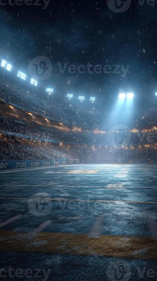 Nighttime sports arena illuminated by bright lights with a cheering crowd in the background during a thrilling game photo