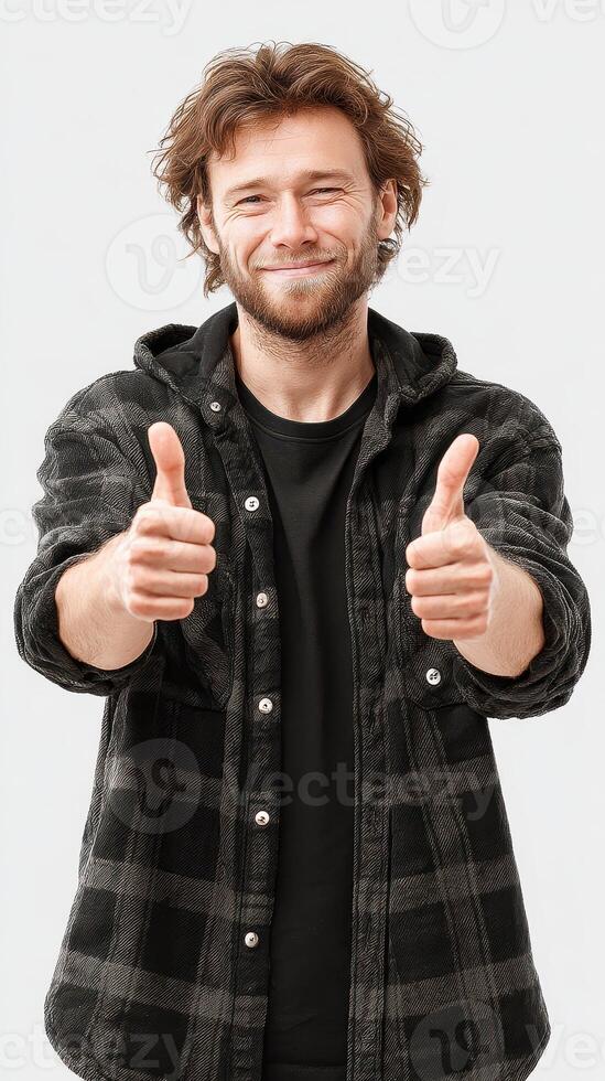 Man smiling and giving thumbs up in casual outfit expressing positivity in a neutral background photo