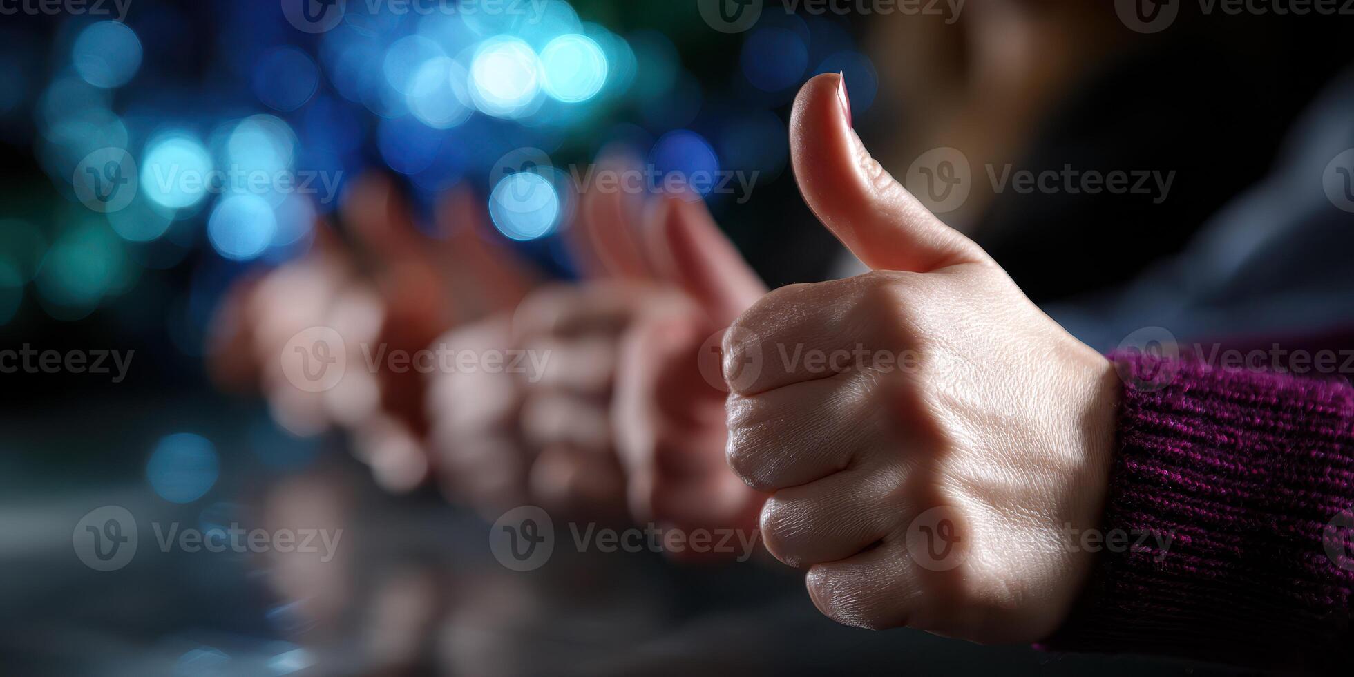 Group of people giving thumbs up in a celebratory setting with colorful lights in the background photo
