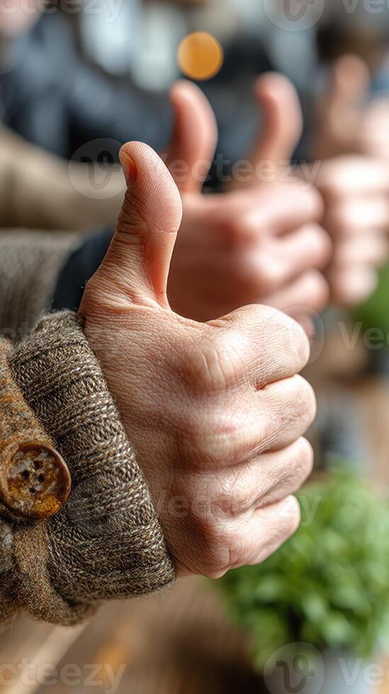 Thumbs up gesture in a cozy indoor setting during a social gathering with friends photo