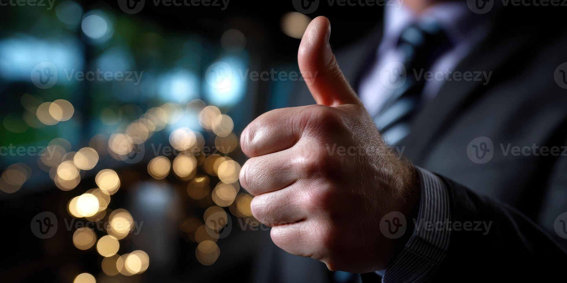 Man in a suit gives a thumbs up in a well-lit venue with blurred lights in the background during an evening event photo