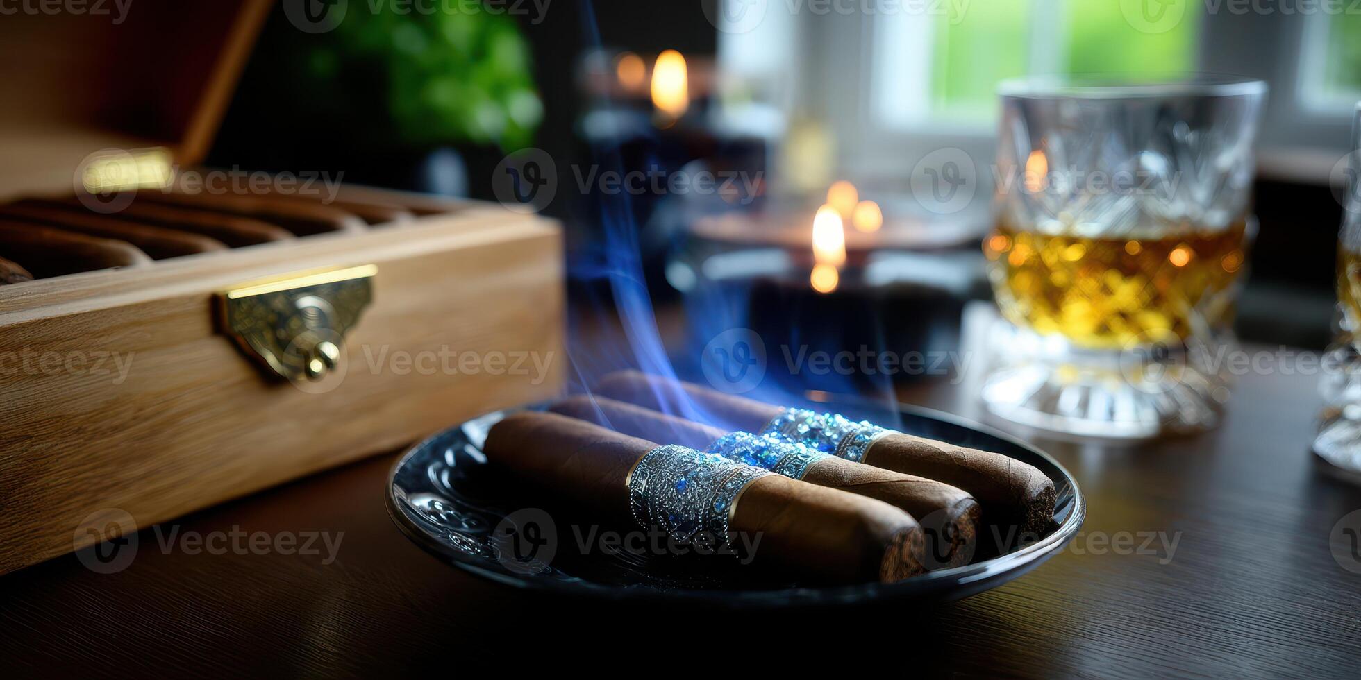 Cigars resting on a plate next to a glass of whiskey and lit candles in a cozy indoor setting photo