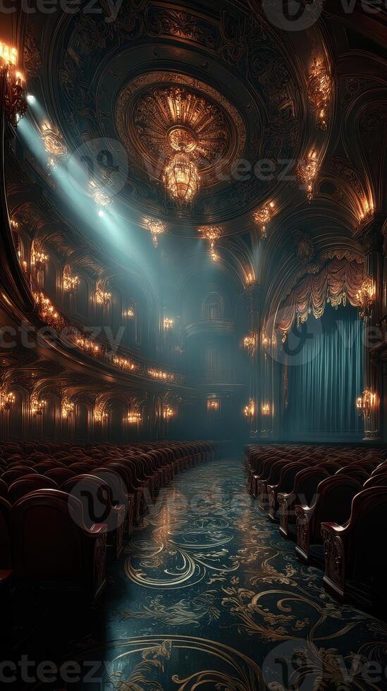 Majestic vintage theater interior with ornate decorations and soft lighting in the early evening photo