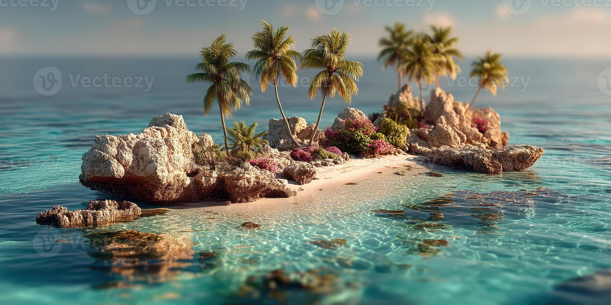Stunning tropical island with palm trees and clear turquoise water during golden hour photo