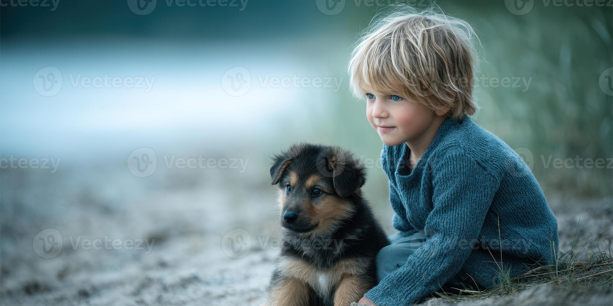 Boy sits beside puppy on sandy beach during early evening, enjoying a quiet moment together and watching the waves photo