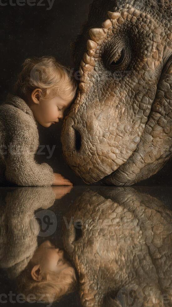 Boy gently touching forehead of dinosaur in a whimsical setting reflecting in water photo