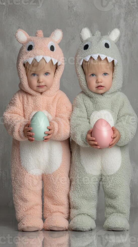 Twins in adorable monster costumes holding colorful eggs during an indoor celebration in springtime photo