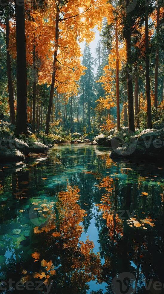 Vibrant autumn forest reflections in a tranquil river surrounded by golden foliage photo