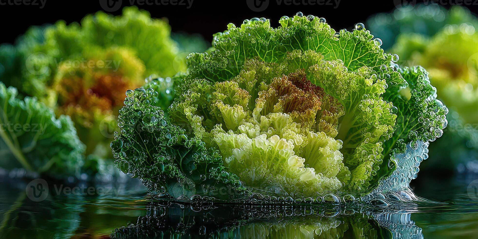 Lettuce in water creating a refreshing display of vibrant greens and textures in close-up view photo