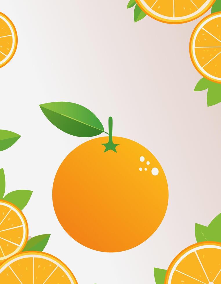 Modern food art of a round orange with clean lines, warm colors and minimal shading, highlighted with soft dots and two large leaves, positioned centrally with copy space around it. vector