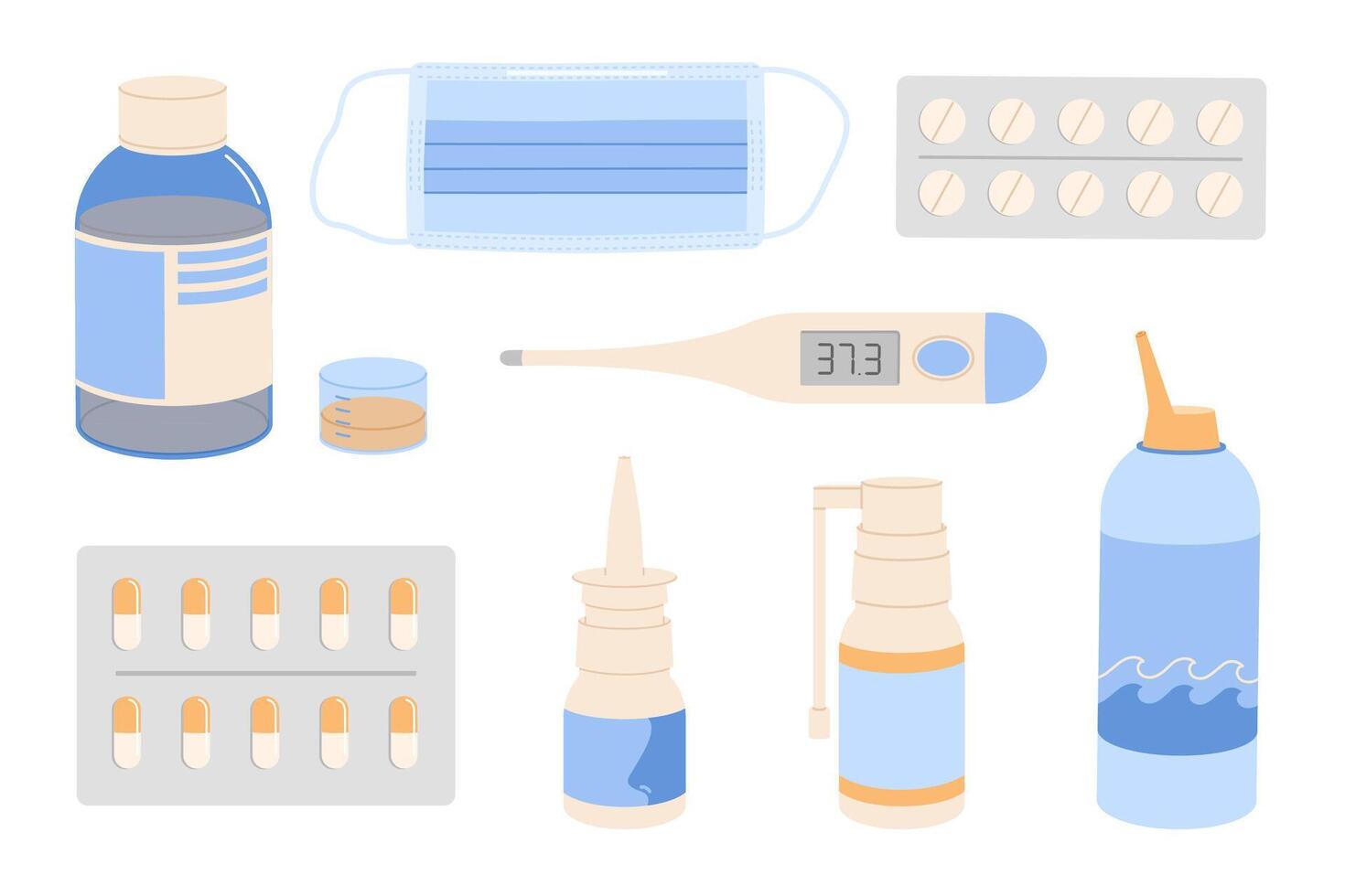 Medicine elements set. Blisters with capsules, nasal spray, cough syrup, spray for sore throat and digital thermometer. Flat isolated illustration vector