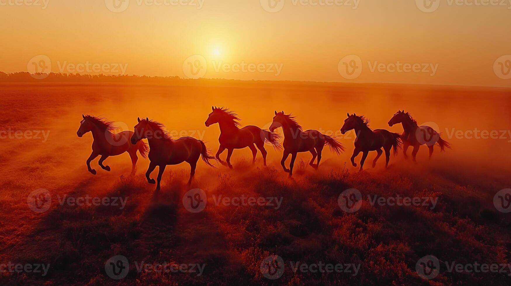 A group of horses running in the sunset photo