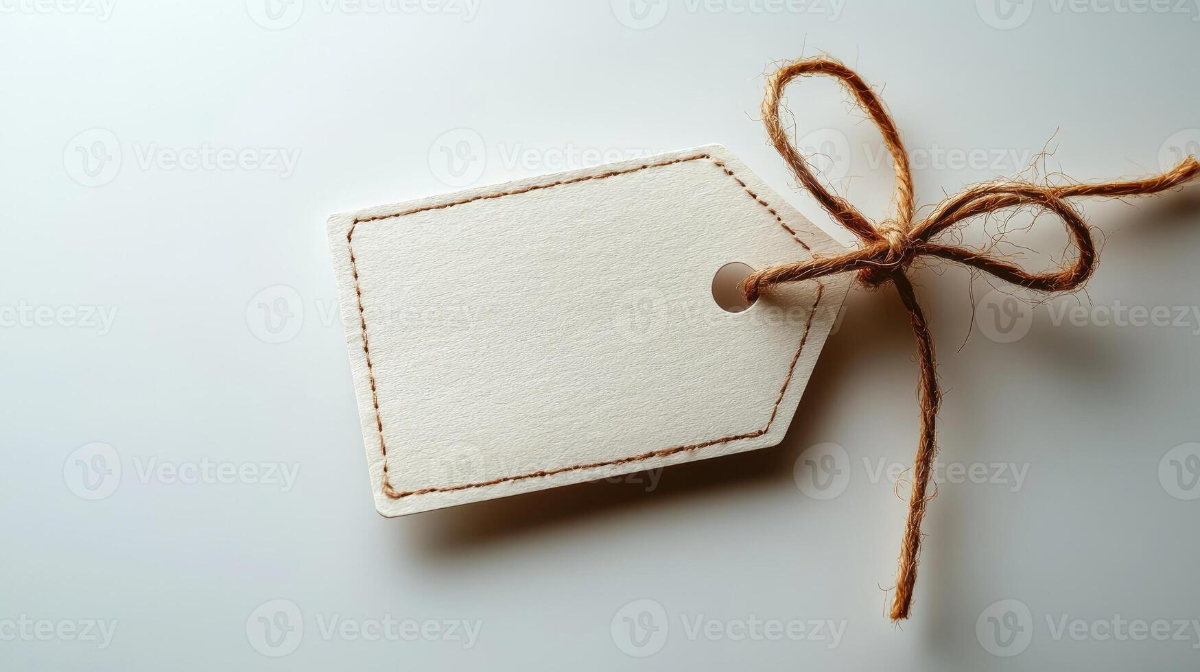 A white tag with a brown string tied to it photo