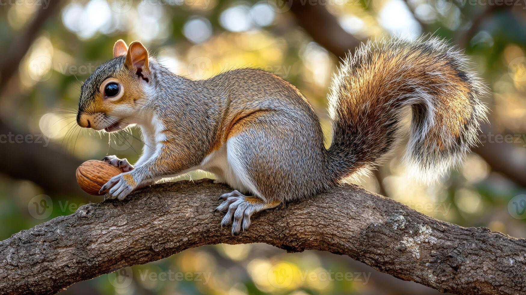 A squirrel is sitting on a branch with an acorn in its mouth photo