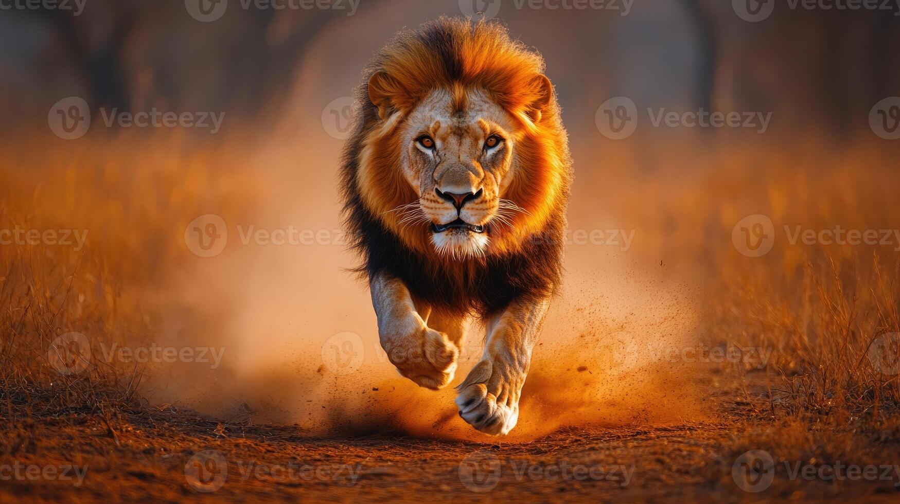 A lion running across a field with a tree in the background photo