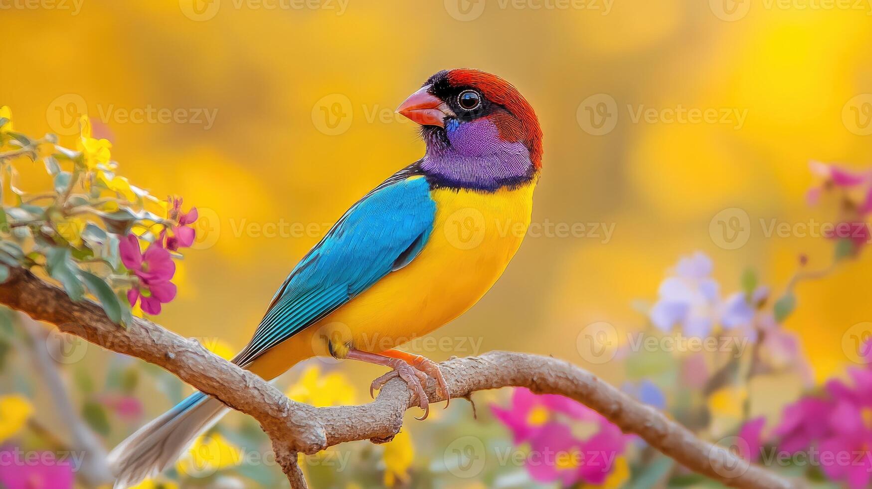 Colorful bird sitting on a branch with flowers photo