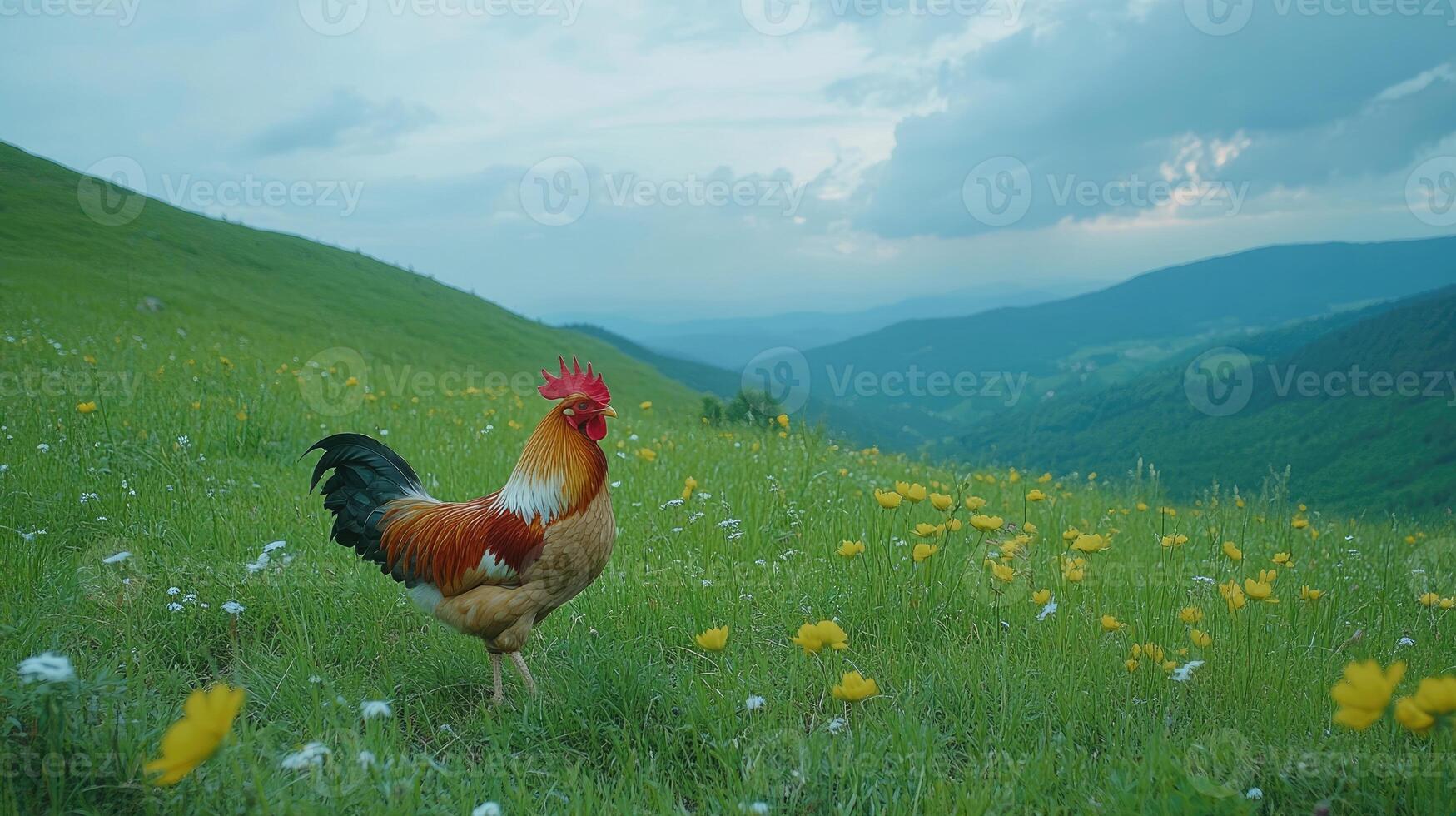 Rooster in a field of flowers photo