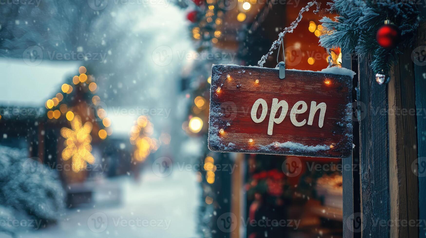 A sign that says open on a snowy street photo