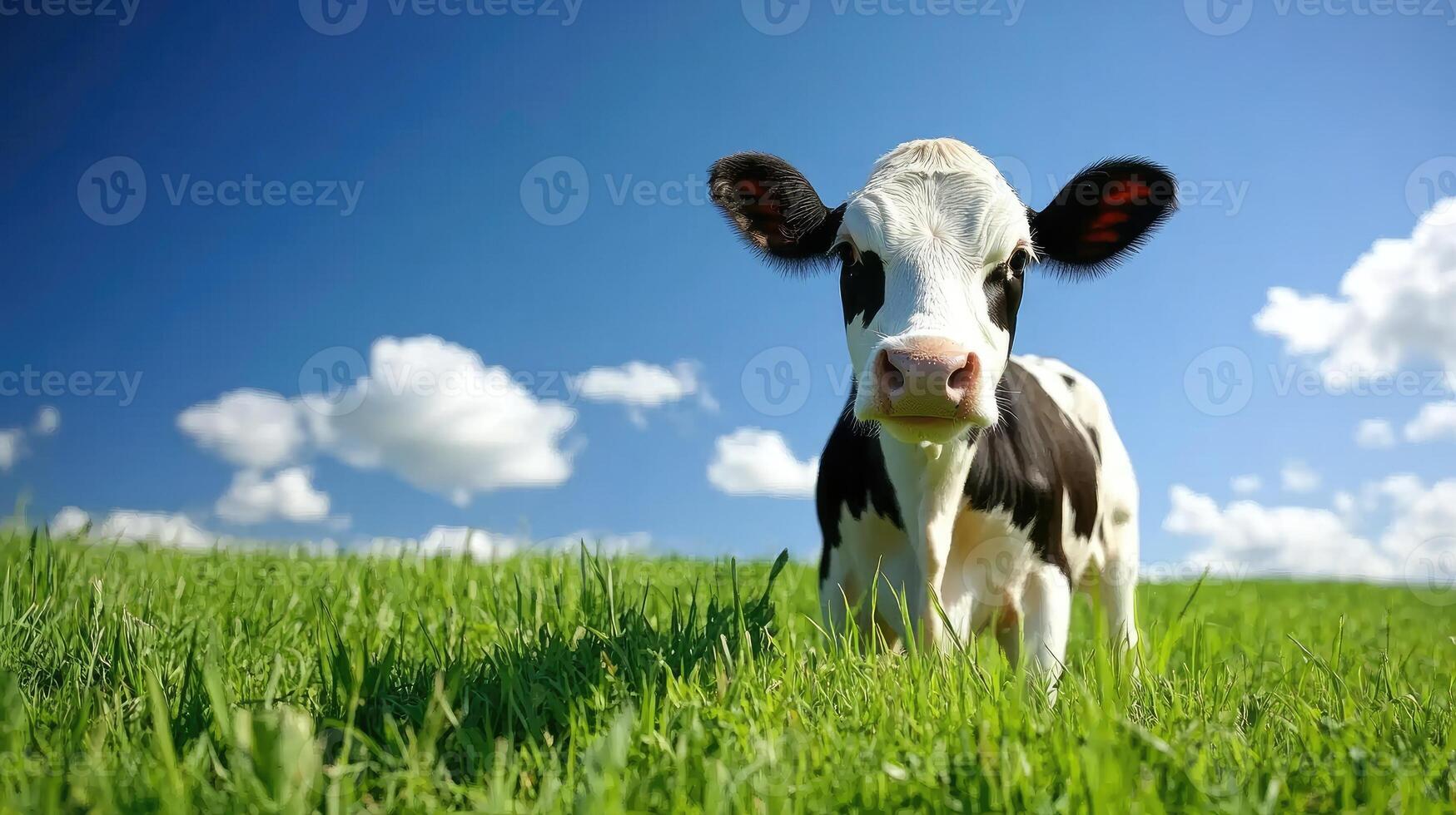 A cow is standing in a field with a blue sky photo