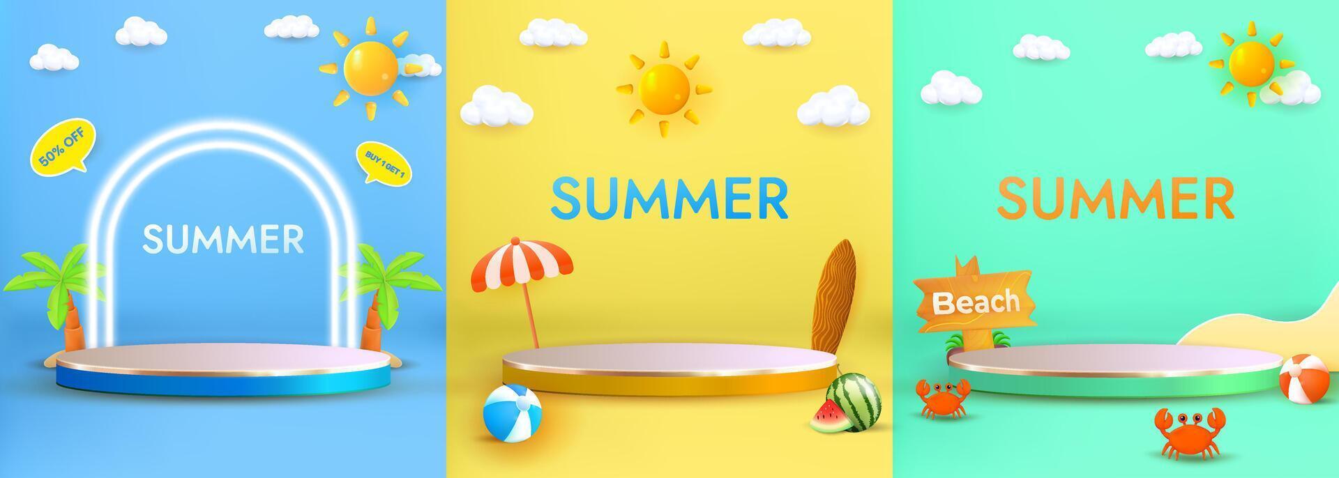 Set Podium Summer Themed Colorful Backgrounds with Seasonal Decorations and Beach Items vector