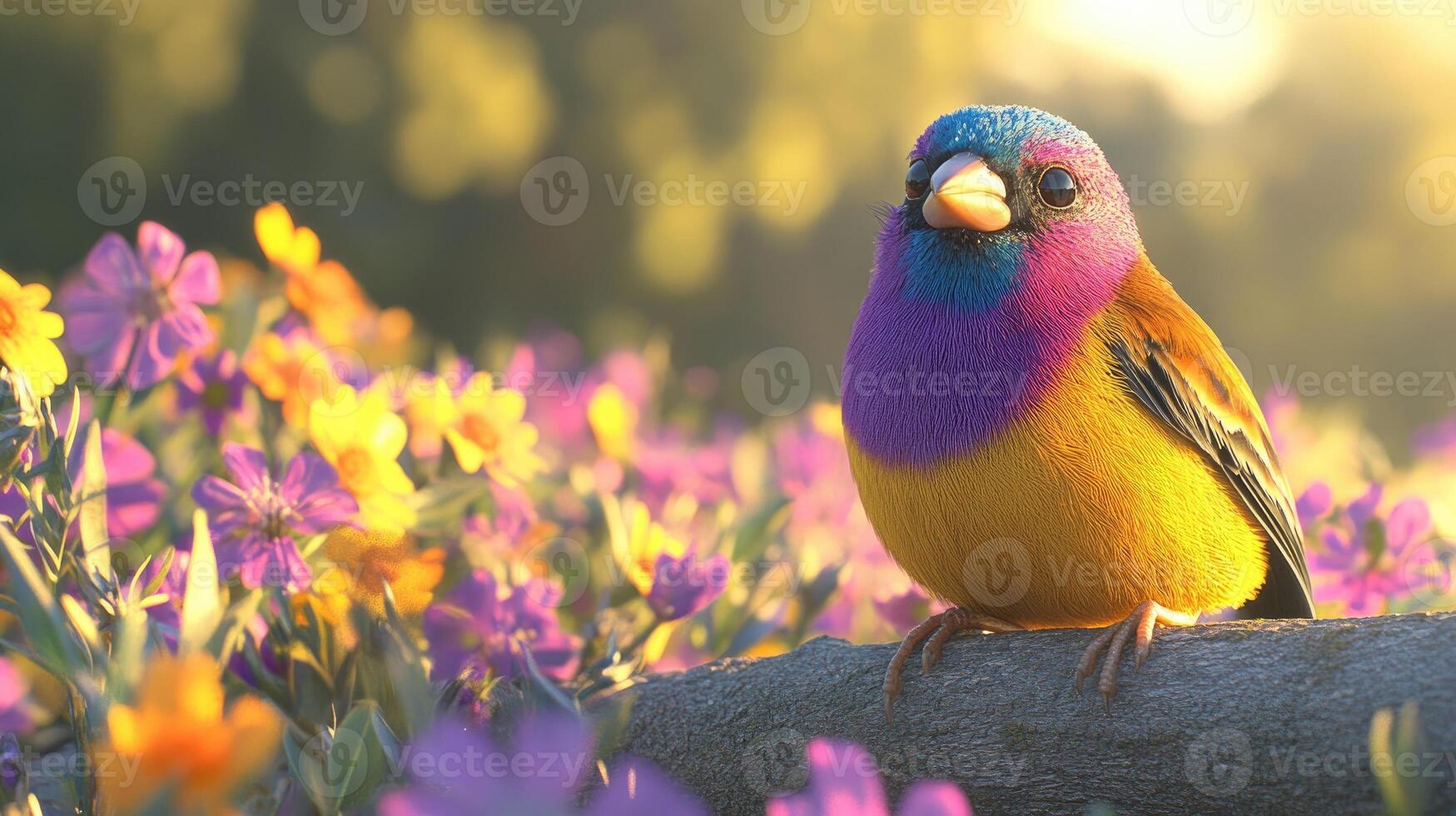 A colorful bird is sitting on a branch in a field of flowers photo