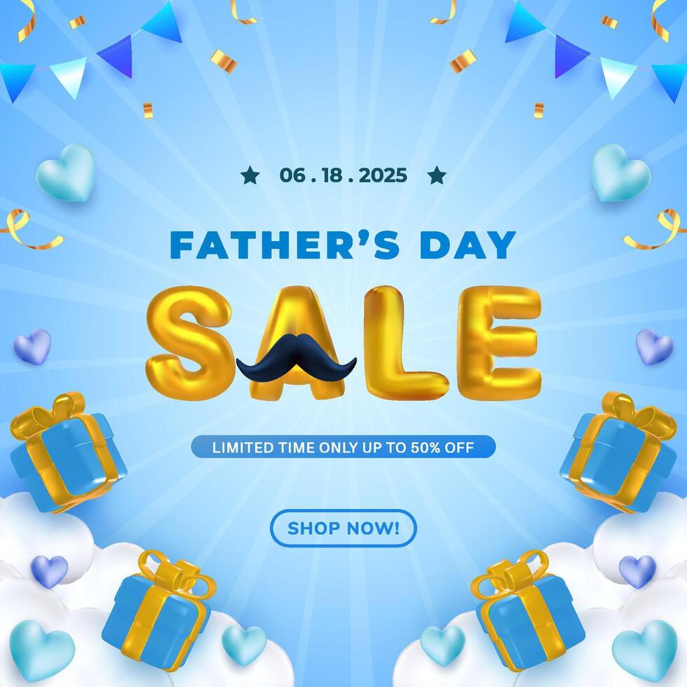 Fathers Day Sale Advertisement with Gold Text and Holiday Decorations vector