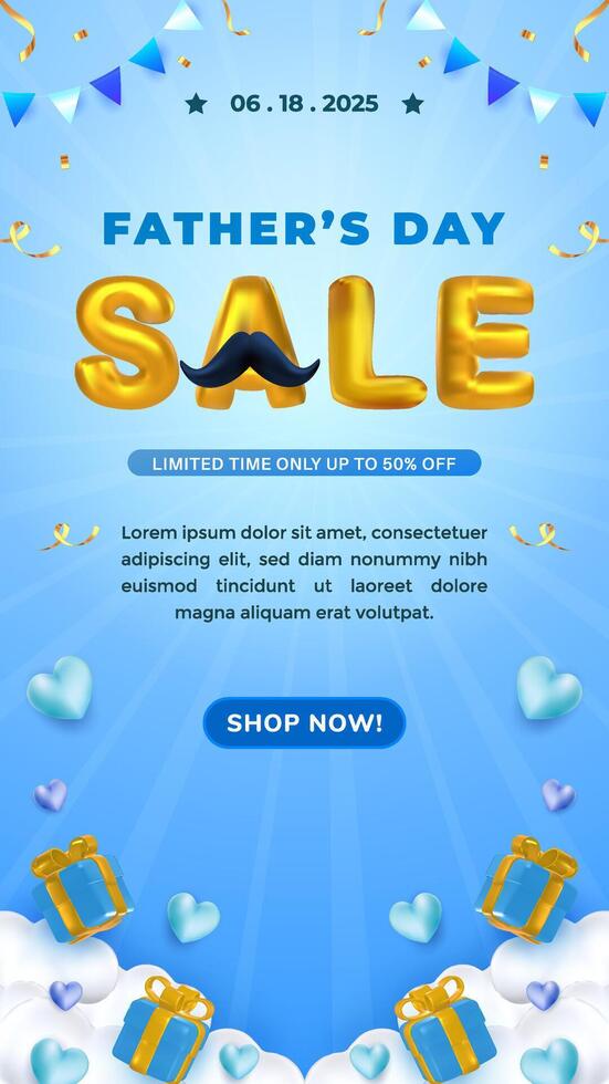 Vertical Fathers Day Sale Announcement with Blue Background and Gift Decor vector