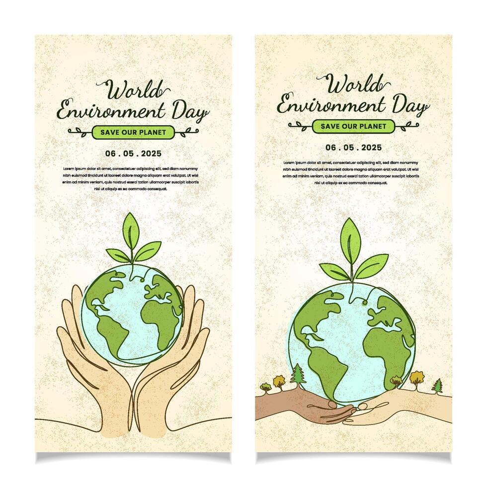 Set Vertical Banner World Environment Day Design With Hands, Globe, and Plant Illustration vector