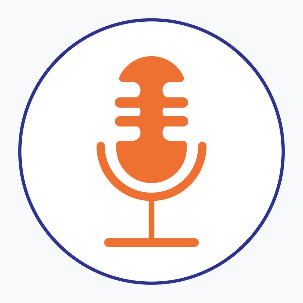 orange microphone icon enclosed within a blue circular border set against a white background simple and modern audio recording voice communication podcasting vector