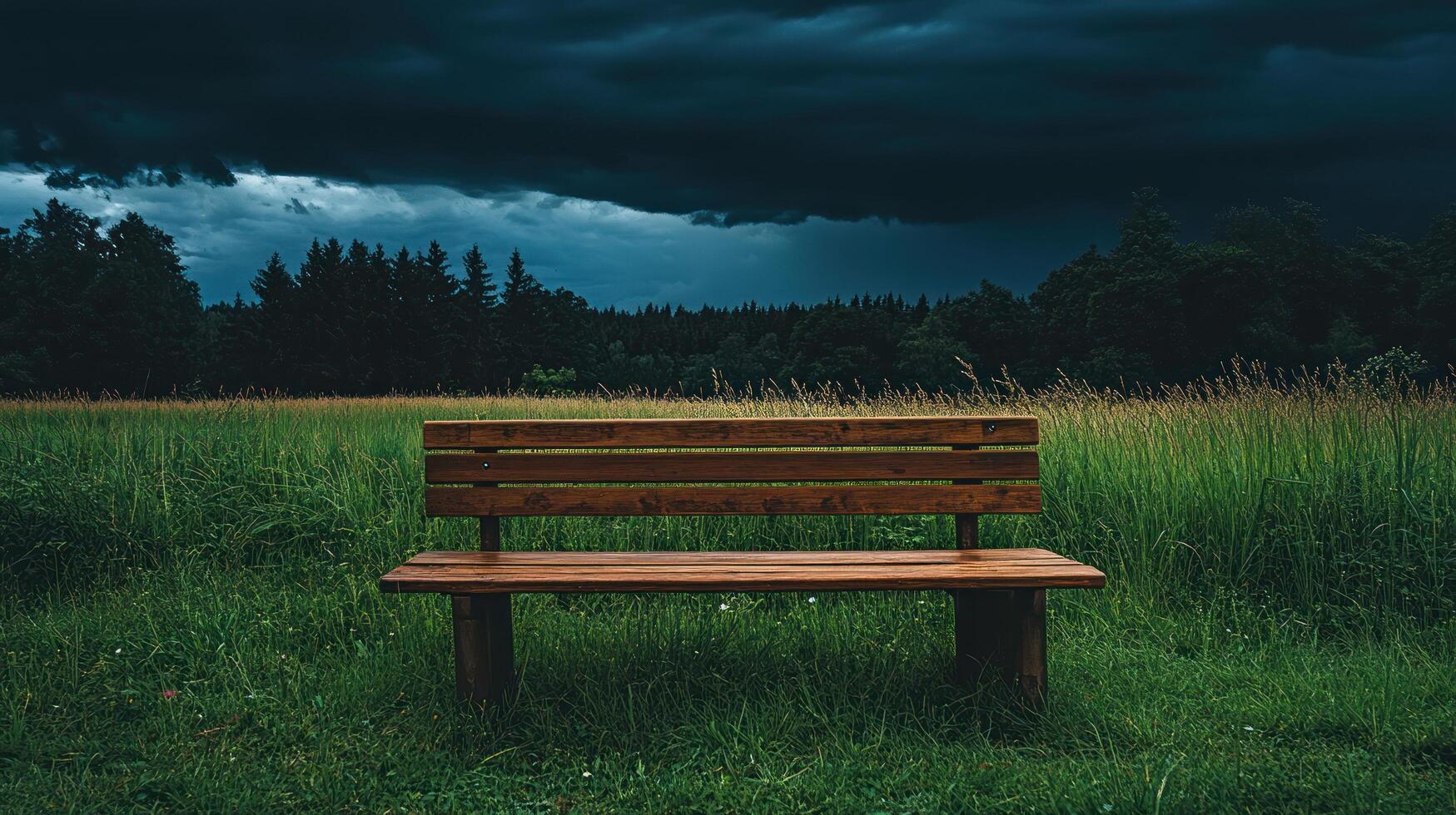 A bench sitting in a field under a dark sky photo