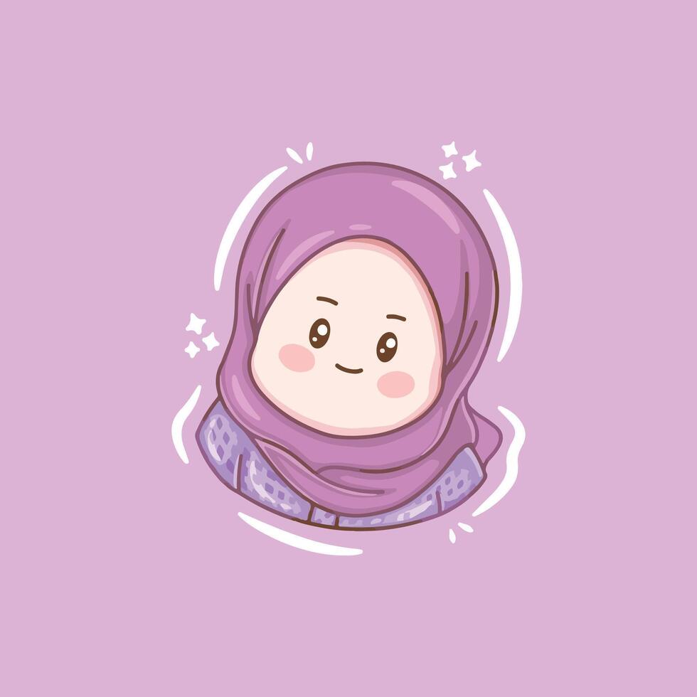illustration art cute girl wearing purple hijab character design vector