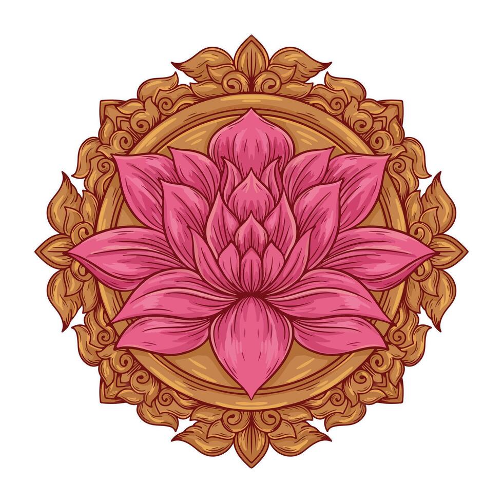 illustration art hand drawn lotus flower with circle engraving ornament tattoo and t-shirt design vector